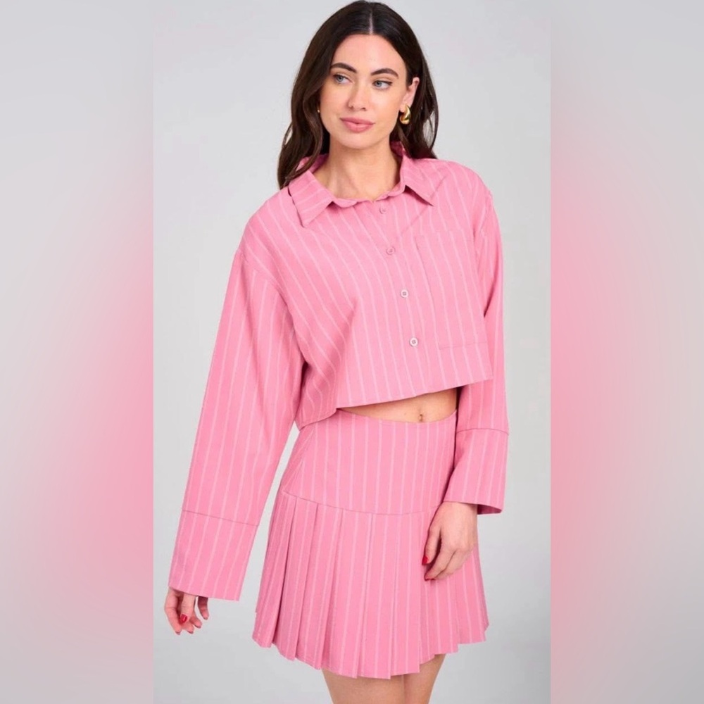 Pink Striped Women's Skirt & Top/Jacket Set